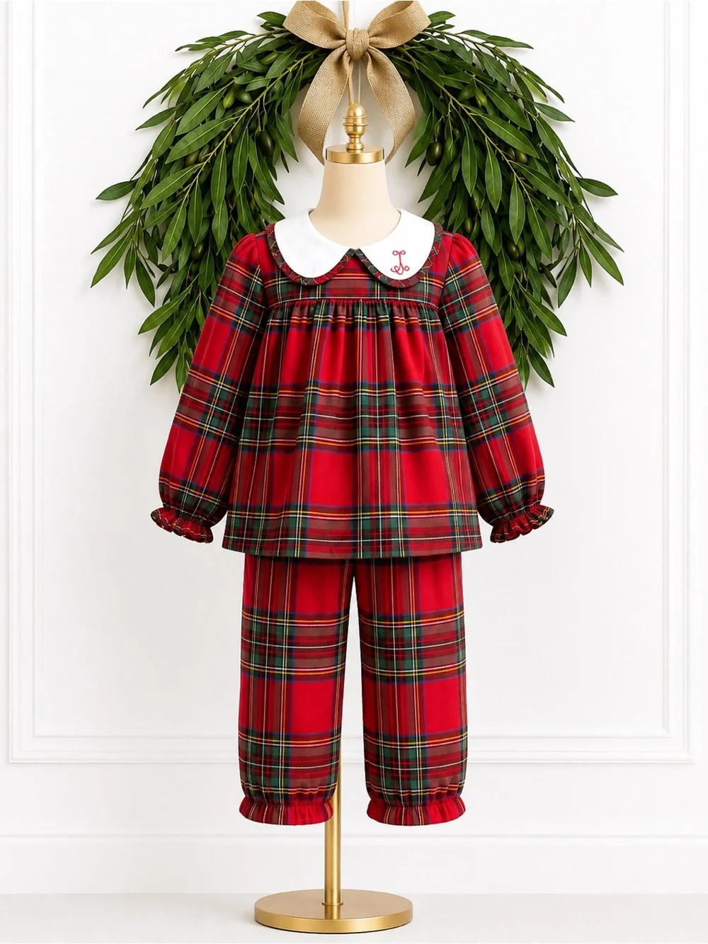 Cecil & Lou Red Holiday Plaid Collared Top & Pants Monogram